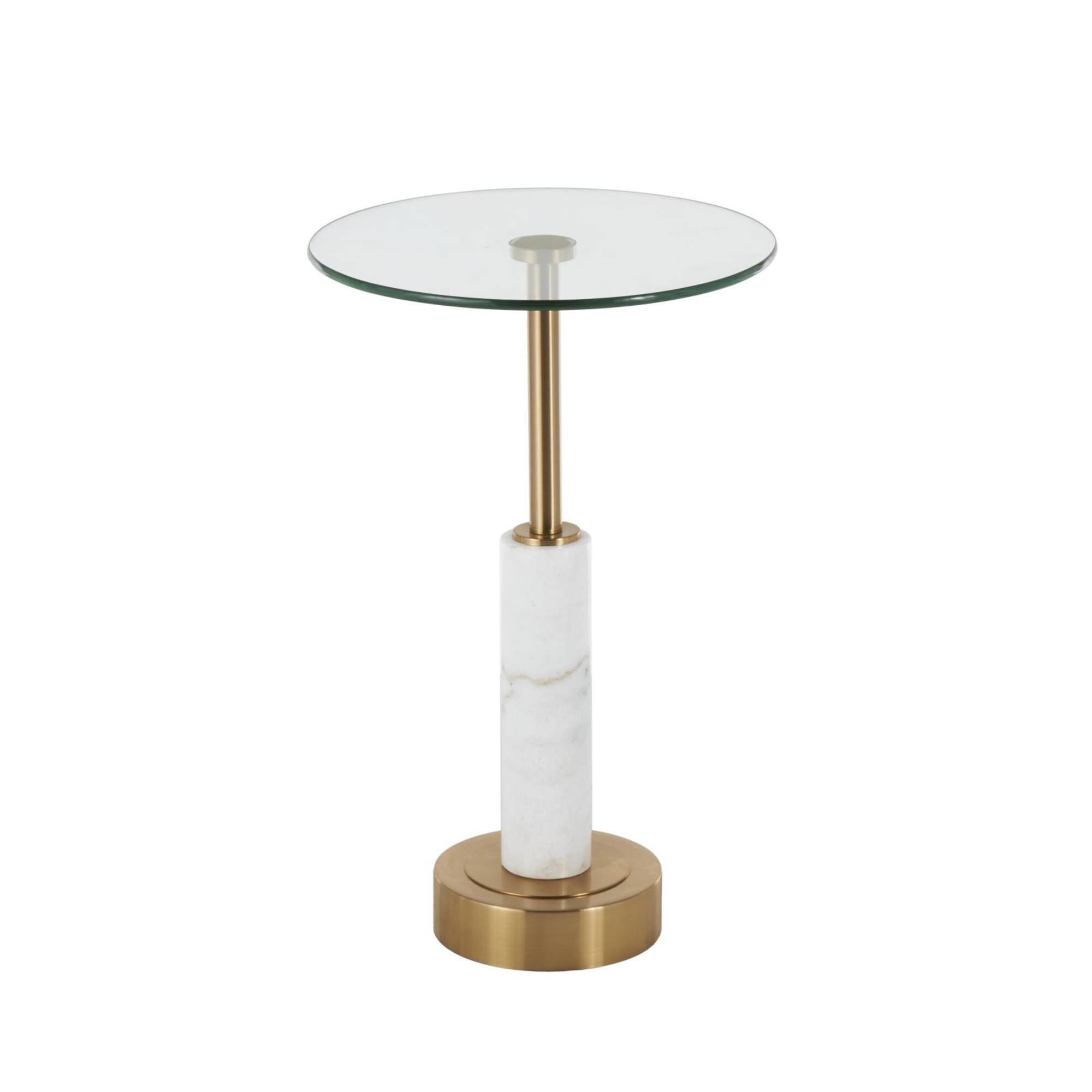 22" White Marble Round Accent Table with Gold Metal Rod & Base